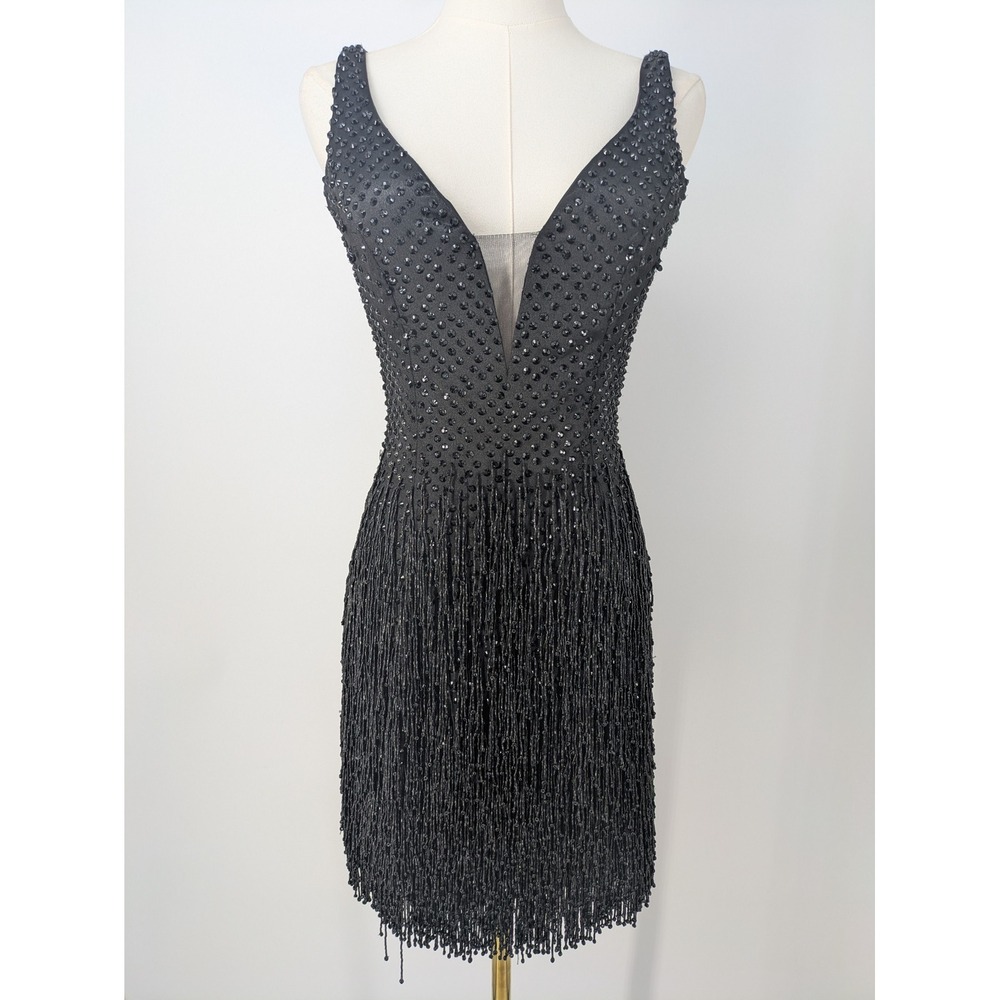 Sherri Hill Dress 4 Black Beaded Fringe Sequin V-Neck Mini Dance Flapper VINTAGE